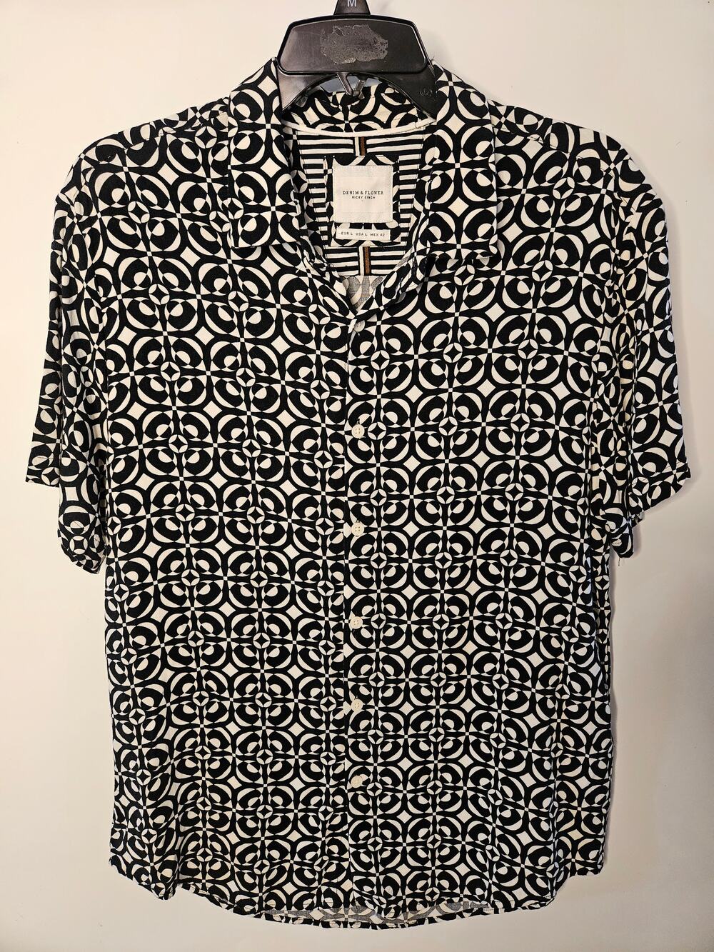 Ricky Singh Denim & Flower Black White Camp Shirt Size L 100% Viscose